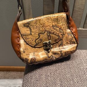 Vintage Map Print Leather Shoulder Bag